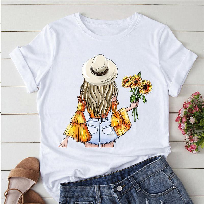 Flower Pretty Girl Fashion Trend Oversized Tops Custom T-Shirt Kawaii O-Neck Tshirt Soft Clothes For Women Female Tee-Shirt