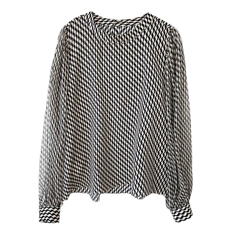 Striped Double Crepe Silk Shirt Women's Stand Up Collar Imitation Mulberry Silk Top Blouses & Shirts