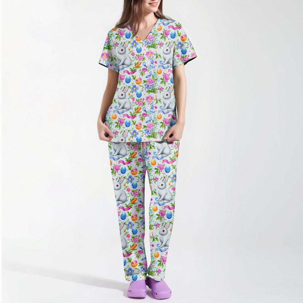 Women's Printed Uniform Work Uniform V-Neck Pocket Protective Work Uniform