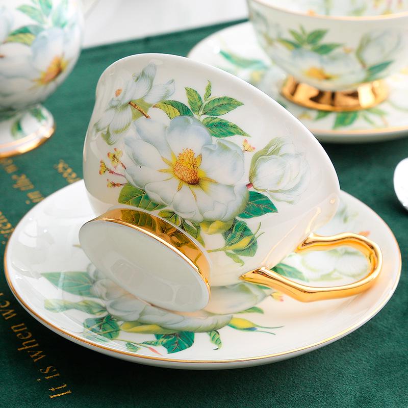 Camellia Gold-Trim Bone China Coffee Set: Cup, Saucer, Spoon, Pot, Milk Jug, Sugar Bowl, Pastry Skewer, Plate - Light Luxury.