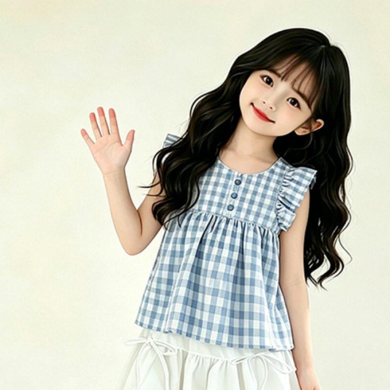 Girls Summer Plaid Two Piece Set Flutter Sleeve Doll Top And Bud Skirt Fashion Outfit For Big Kids