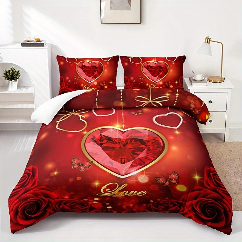 

3pcs Bedding set Queen size Romantic Red Heart & Rose Floral Butterfly Letter Duvet Cover Set Breathable Polyester For Bedroom EU Twin(135x200cm)
