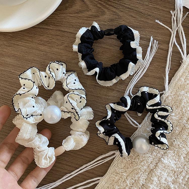 Korean Black & White Polka Dot Scrunchie with Pearls - Versatile, High Elasticity Hair Tie