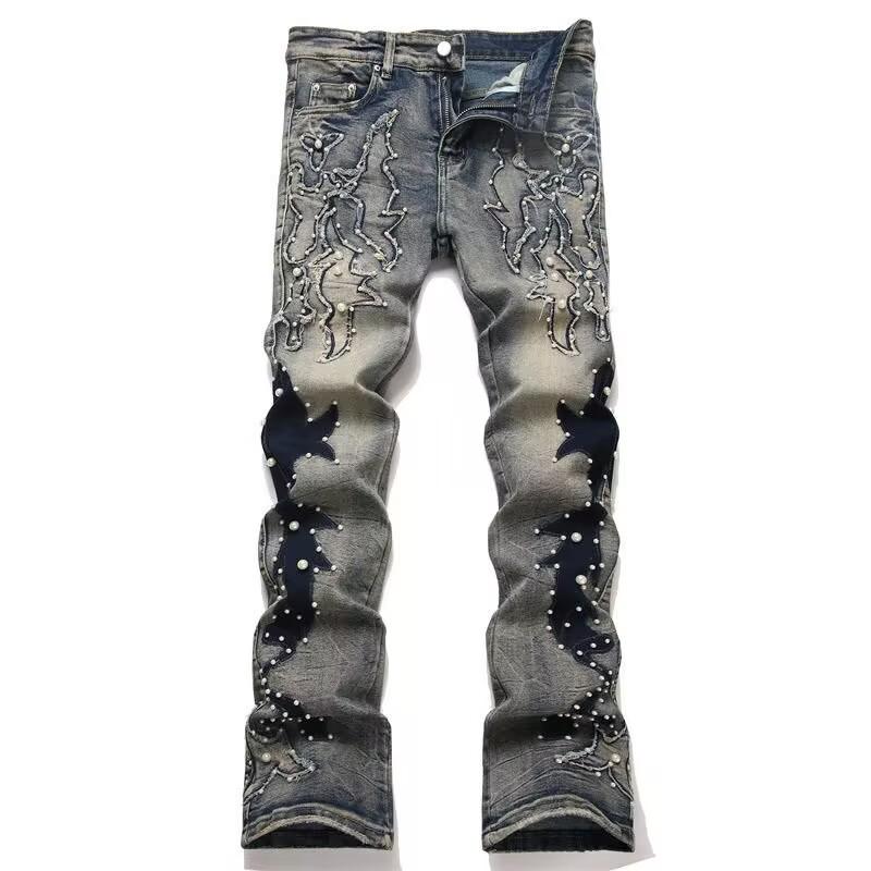 Punk Retro Blue Ripped Slim Fit Printed Men's Jeans