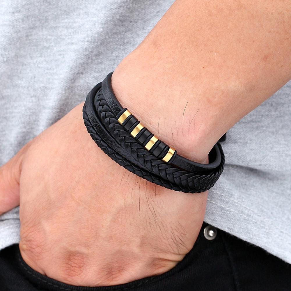 MenneM Multi Layered Stainless Steel Wrap Bracelet Men Women Black Wrist Band Custom Name Gold Plated Geometric Charm Trendy