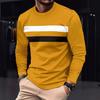 Round Neck 3D Stripe Printed Top Casual Long Sleeved Men's T-shirts - Soft Medium Stretch Polyester Fabric Spring and Autumn Relaxed Fit Clothing