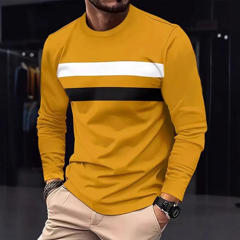 Round Neck 3D Stripe Printed Top Casual Long Sleeved Men's T-shirts - Soft Medium Stretch Polyester Fabric Spring and Autumn Relaxed Fit Clothing