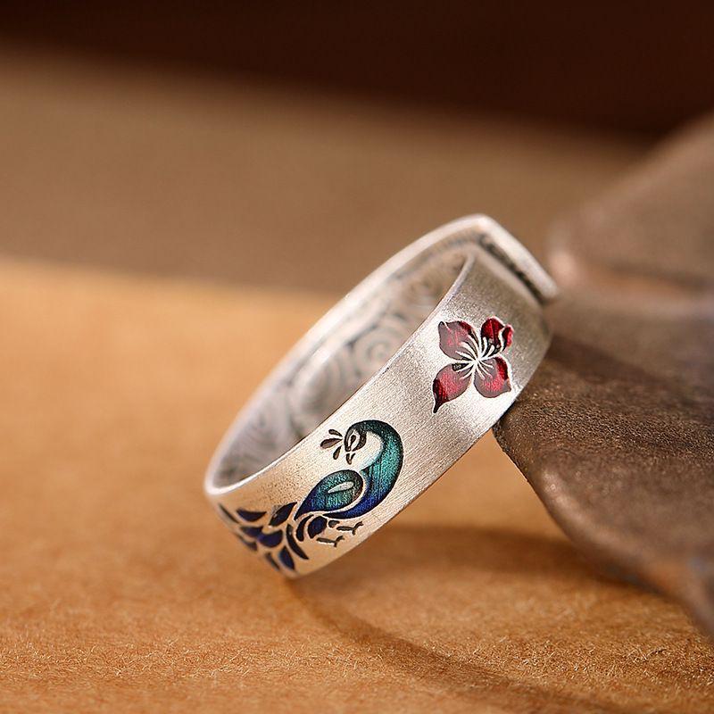 Guochao Enamel Lotus Peacock Ring - Ethnic Chinese Retro Style, Adjustable Women's Jewelry