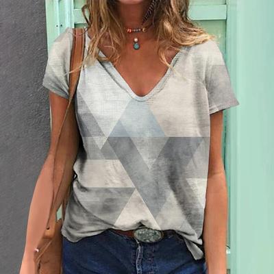 Yaz Kadın Tişörtü Vintage Geometrik Baskı Kısa Kollu Üstler Kadın Moda Giyim V Yaka Büyük Boy Kazak Günlük Bluz