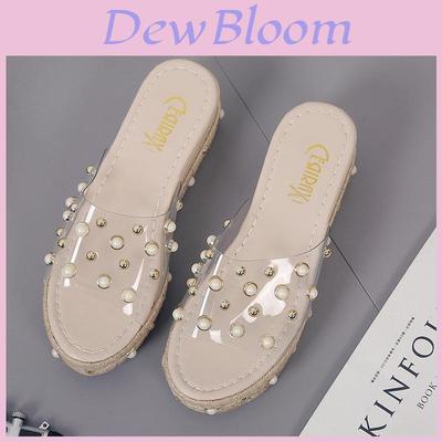 Elegant Women Pearl High-heeled Slippers With Grass Thick-soled Outdoor Sandals