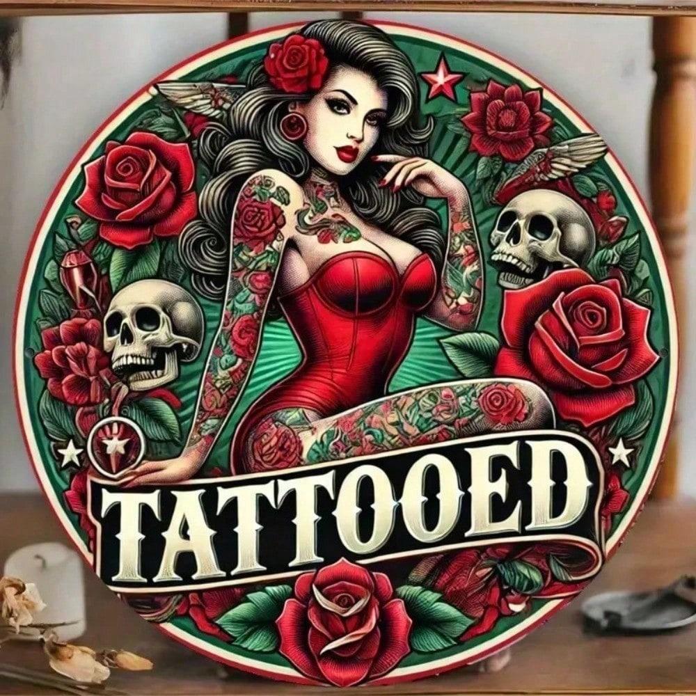 Vintage Round Metal Sign Tattoo Girl Art Weatherproof Aluminum Wall Decor for Garage Bar Man Cave