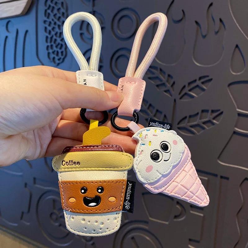 Creative Cartoon Leather Snacks Keychain Cute French Fries Coffee Ice Cream Keyring For Men Women Car Bag Pendant Jewelry Gift