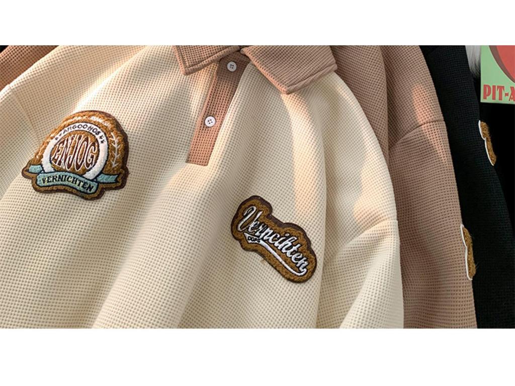 Męska bluza polo waflowa: Modny Haftowany Kołnierz, Styl Retro Amerykański, Ciężka Kurtka z Długim Rękawem na Wiosnę i Jesień