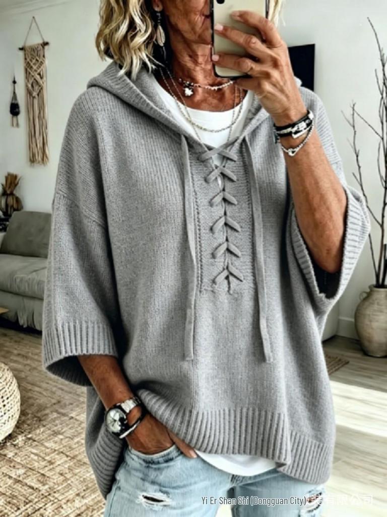 2026 Autumn/Winter Women's European & American Lace-up Hooded Sweater: Casual Loose Fit, Lazy Style Knitwear with Drop Shoulders