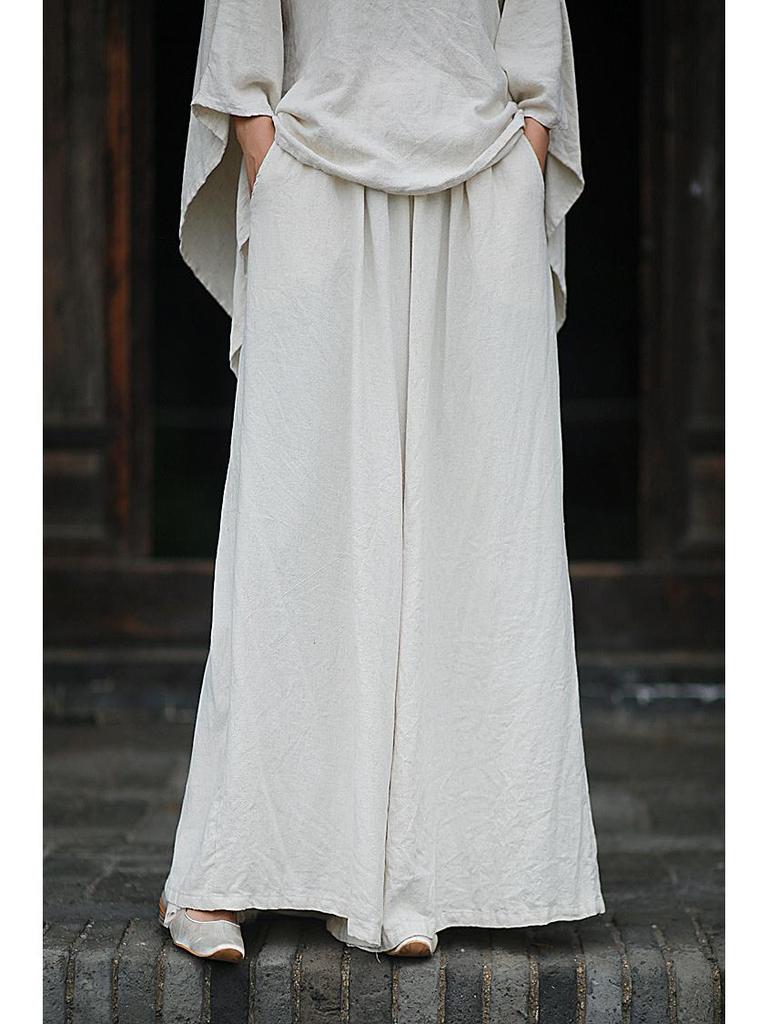 Damski Retro Cool Lniany Zestaw Top & Spodnie z Szerokimi Nogawkami - Dostępny w 3 Kolorach