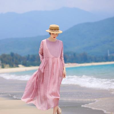Kobieta Jesień O-Neck Vintage Retro Sukienka Nisza Długie Rękawy Jednolity Kolor Splicing Dress