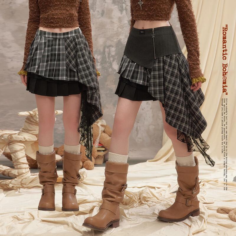 

UNIFREE Plaid A-Line Skirt with Lace Trim XL