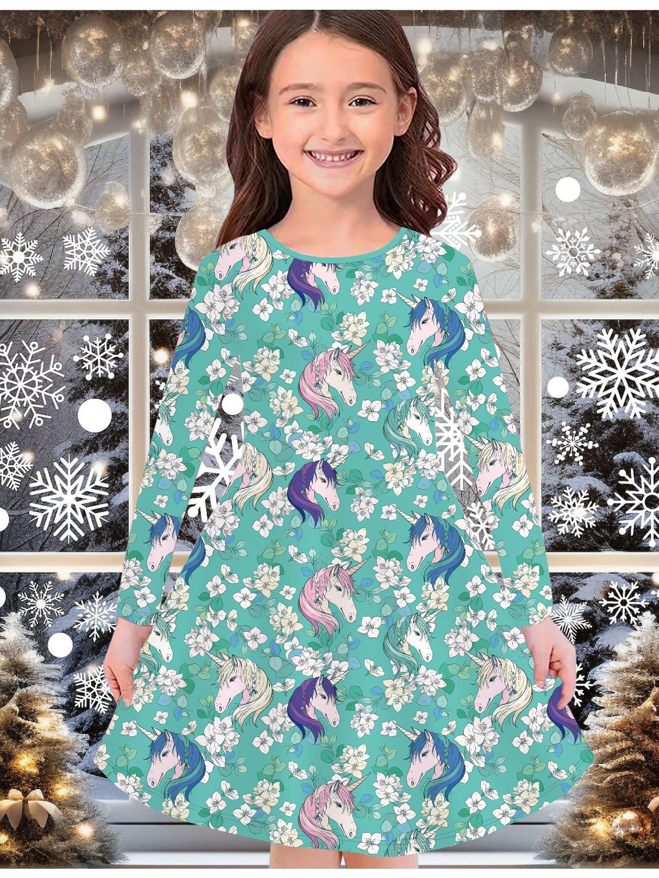 

Модное осенне-зимнее платье для девочек, с 3D принтом единорога, с круглым вырезом, длинное, детское платье-футболка, повседневное, универсальное, рождественская одежда 170 зелёный