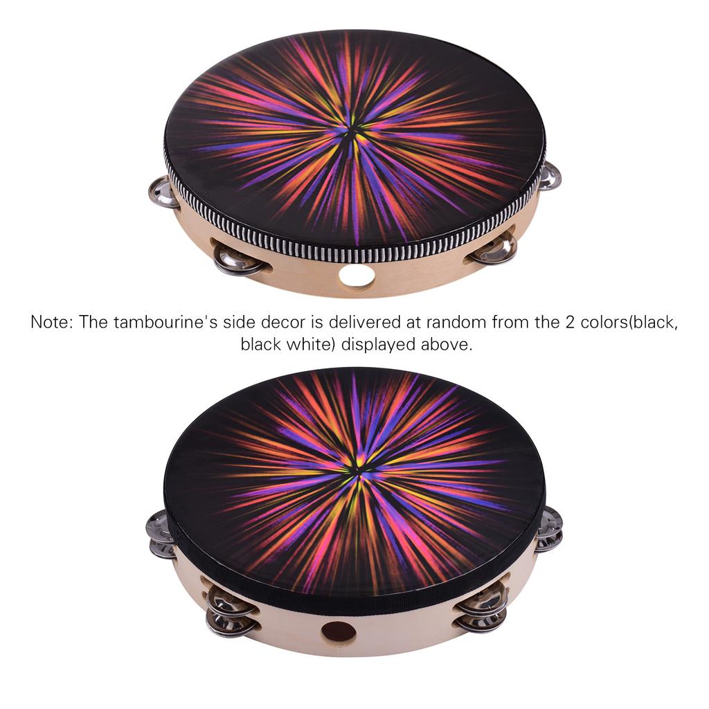10 Inch Wooden Rdiant Tambourine Handbell Hand   with Double Row Jingles Reflective   Head Percussion Instrument Musical Toy