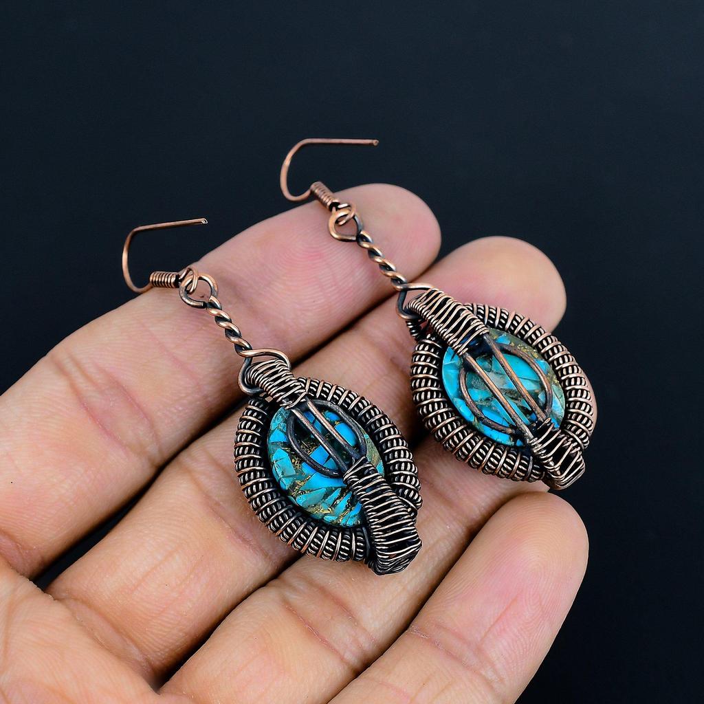 Blue Copper Turquoise Handmade Gemstone Earrings,999 Copper Wire Wrapped Earrings Antique Jewelry, For Engagement Gift