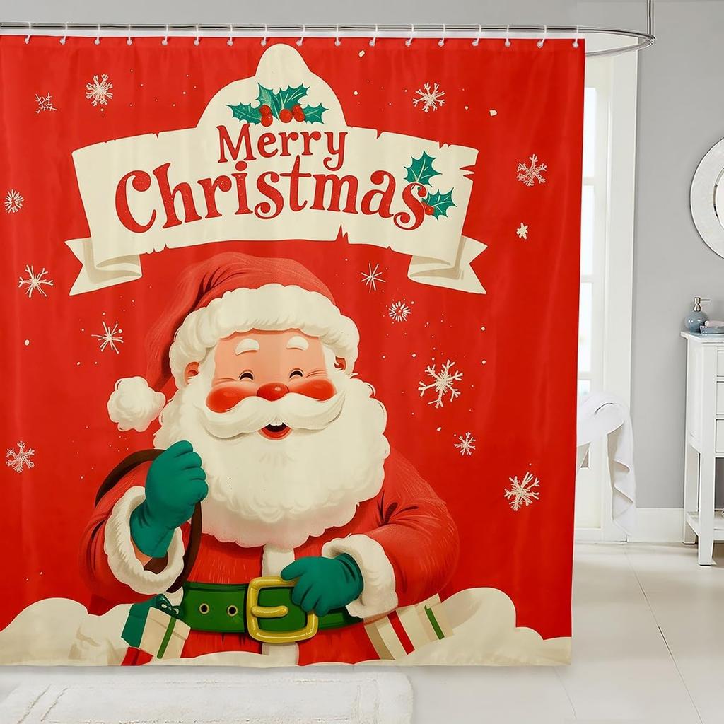 Christmas Happy Santa Claus Shower Curtain Red Xmas Decorations Fabric Shower Curtain,White Snowflake Bathroom Shower Curtain