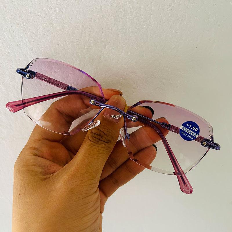 Small frame elderly glasses fashion frameless reading glasses resin point drill reading glasses 100