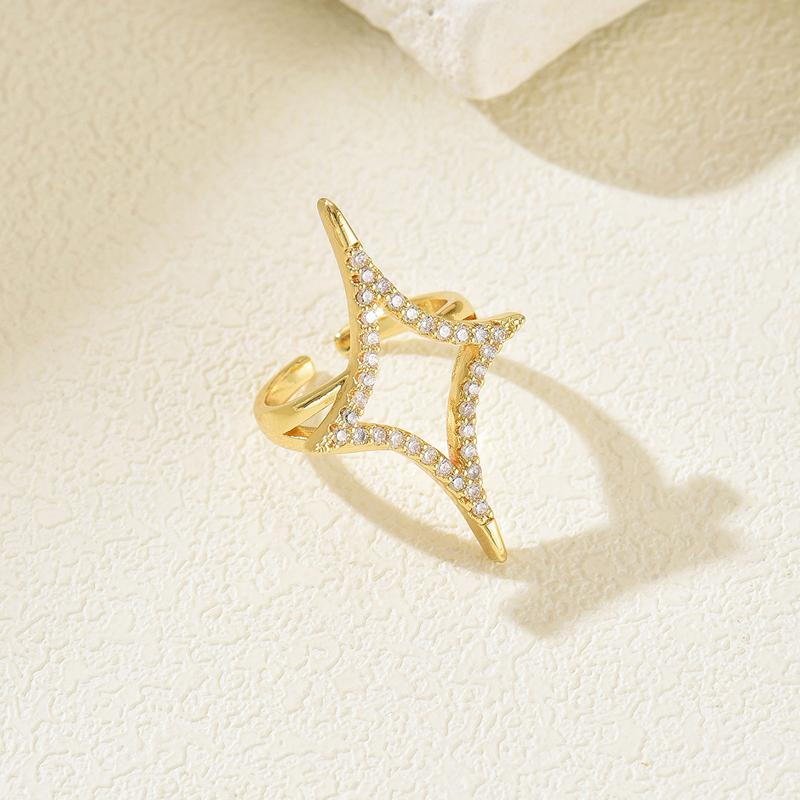 

Luxury Copper Set Zircon Geometric Open Ring for Women Fashion Metal Four Pointed Star Shaped Hollow Index Finger Rings Zircon золотий