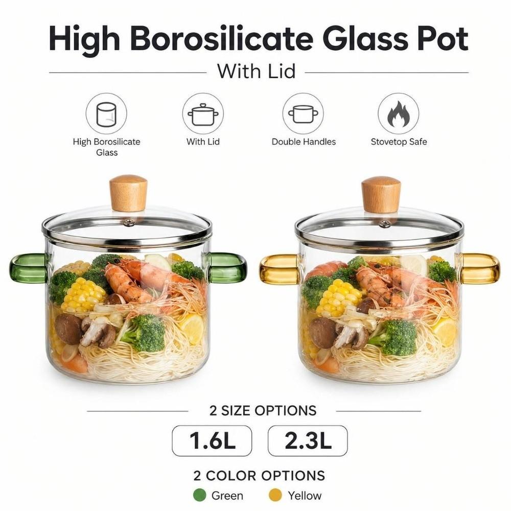 Heat Resistant Clear Glass Cooking Pot 1.6/2.3L Glass Soup Pot Kitchen Tools