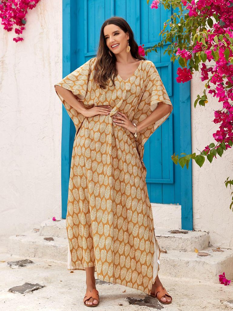 Bedruckter V-Ausschnitt Strandüberwurf: Europäischer & Amerikanischer Stil Lockerer Bademantel für Strandurlaube