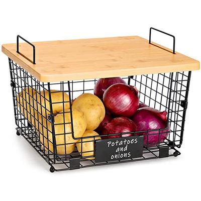 Multi-purpose Folding Iron & Bamboo Storage Rack with Double-layer Baskets for Kitchen & Living Room