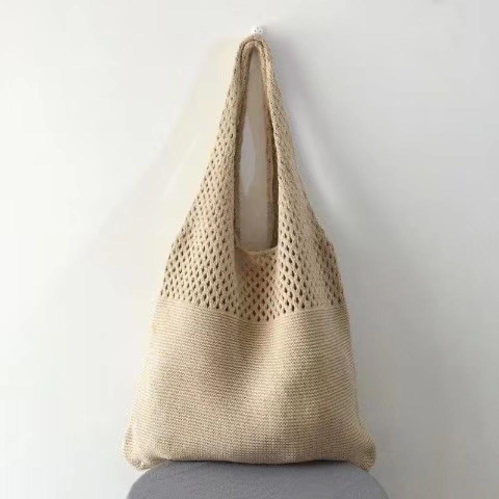 

Solid Color Knitting Shoulder Bag Hollow Out Large Capacity Bohemian Crochet Tote Bag Versatile Casual Woven Handbag Vacation хаки