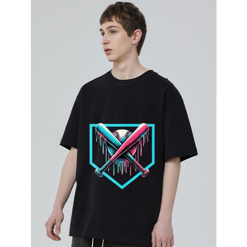 Black T Shirt with Crossed Baseball Bats and Ball Dripping Neon Colors Design for Casual Wear
