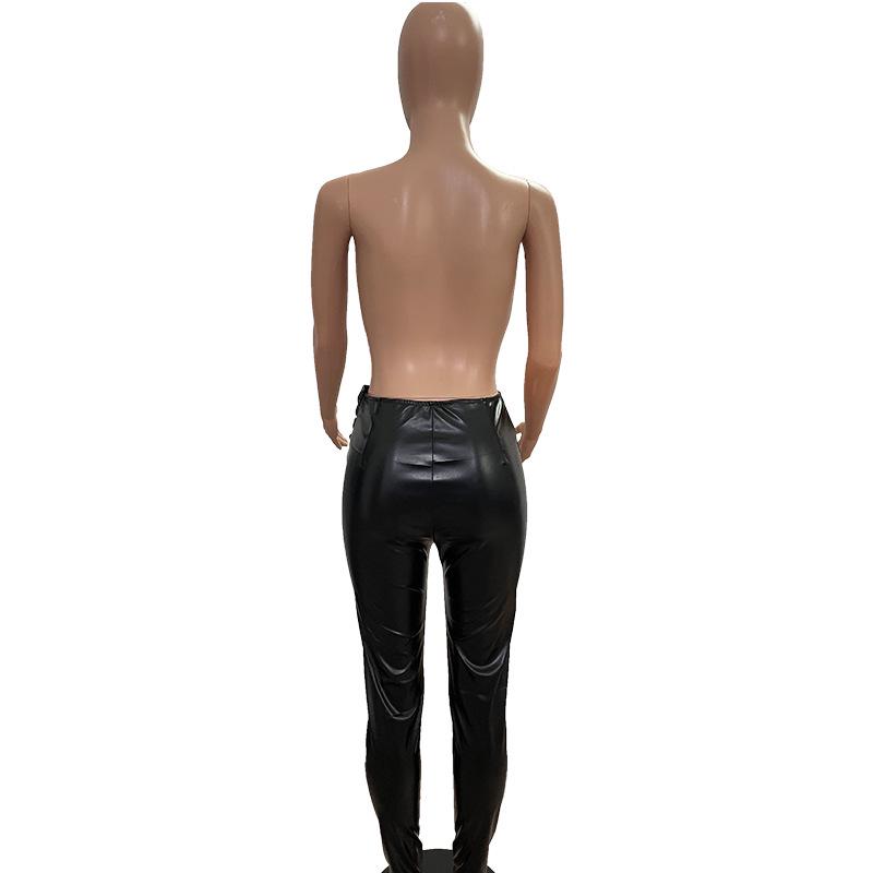 High Elastic PU Leather Leggings with Belt for Women