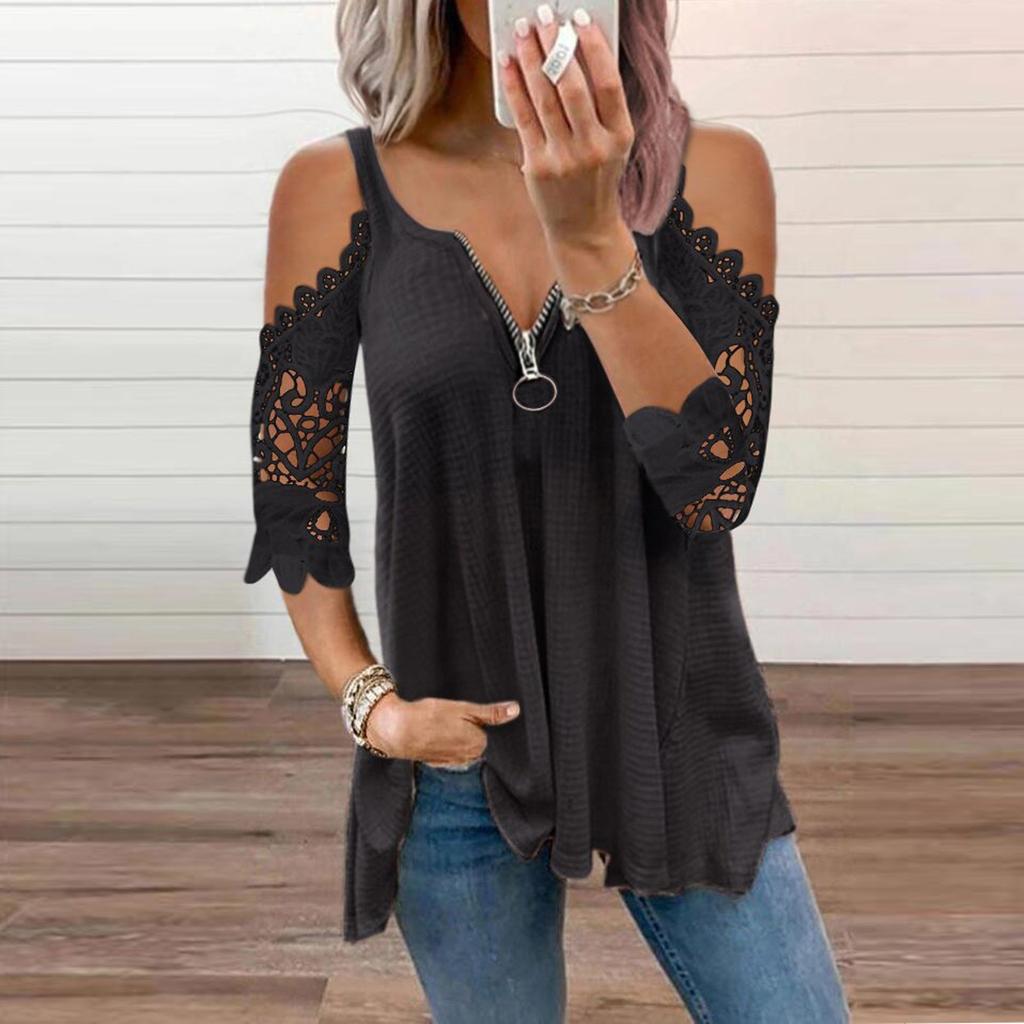 Women Summer Beach Cold Shoulder Tunic Tops Short Sleeve Blouse Oversized Hollow Out Casual Tees Plus Size Work T Shirts