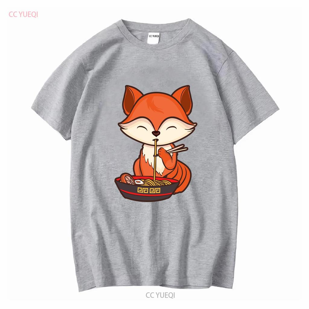 Fox Eating Ramen Kawaii T Shirt Japanese Cute Lovely Long or Short Sleeves Vintage Washed Unisex Casual Slightly Versatile
