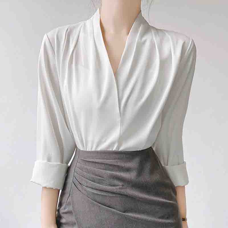 New Spring 2025 Fashion Office Lady Women Blouse Shirts Long Sleeve V-Neck White Chiffon Blouse Shirt Women Tops Blouses J746