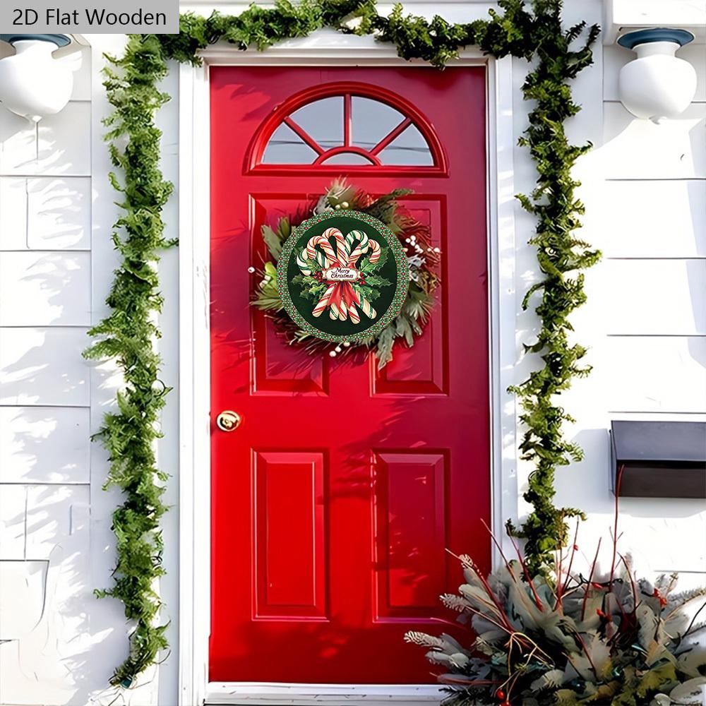 Classic Christmas Wooden Sign with Candy Canes Pattern - Navidad Round Sign for Front Door, Wall Hanging Decor - Ideal Christmas Gift