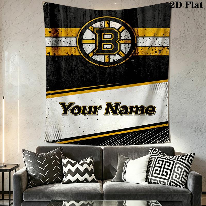 Name Custom Boston Bruins Logo Wall Tapestry Aesthetic Wall Hanging Printed Fabric Blanket Decorative Tapestries for Bedroom Living Room Home Decor
