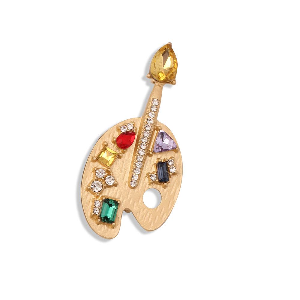 Fashion Design Crystal Brooch Artistic Palette Shape with Multiple Gemstone Embellishments and Textured Surface for Accessories