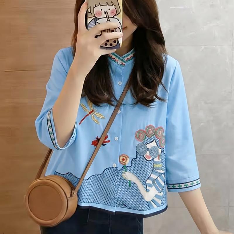 ZANZEA Women Stand Collar Loose Summer Casual Half Sleeve Print Blouse
