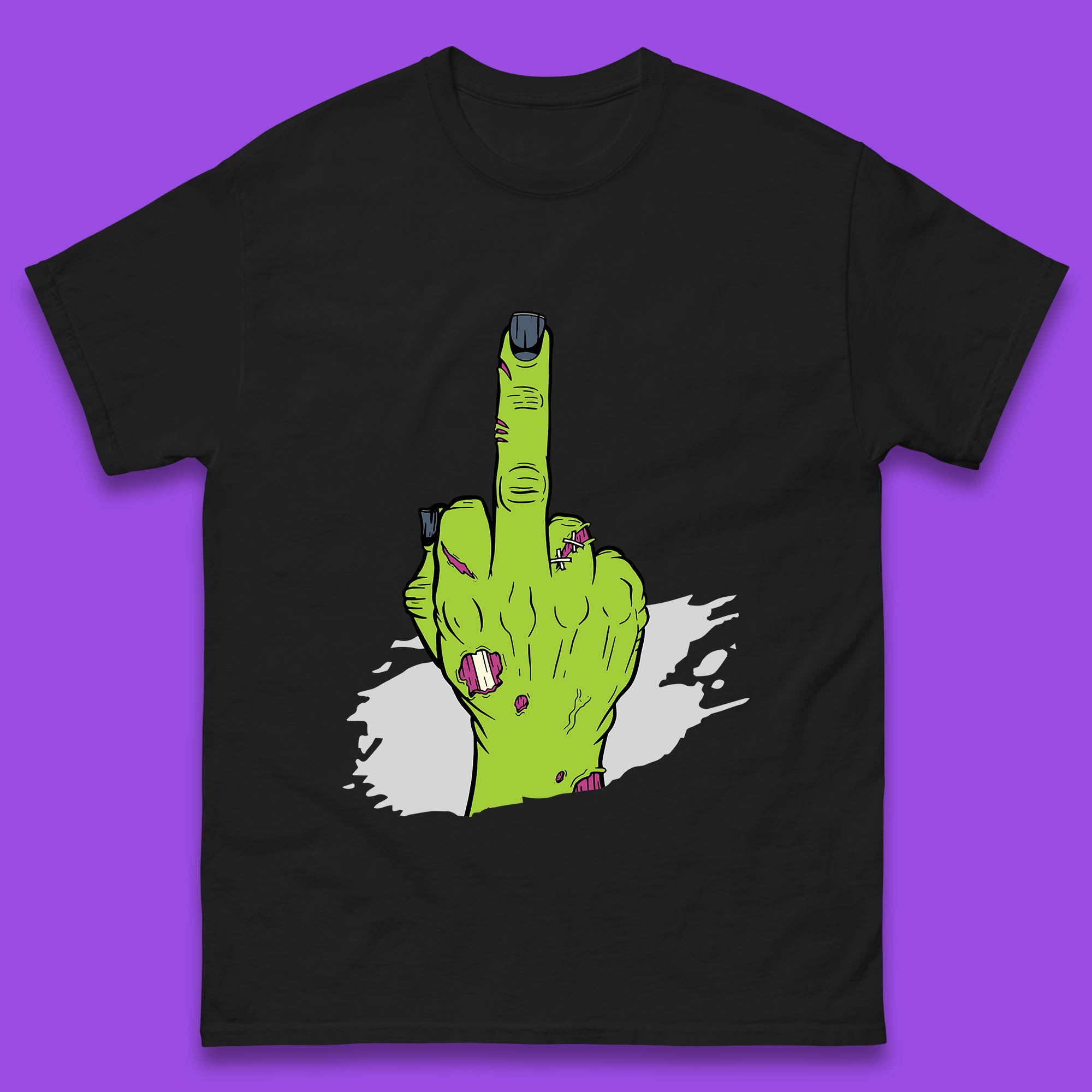 

Halloween Green Zombie Hand Showing The Middle Finger Sarcastic Rude Mens Tee Top S