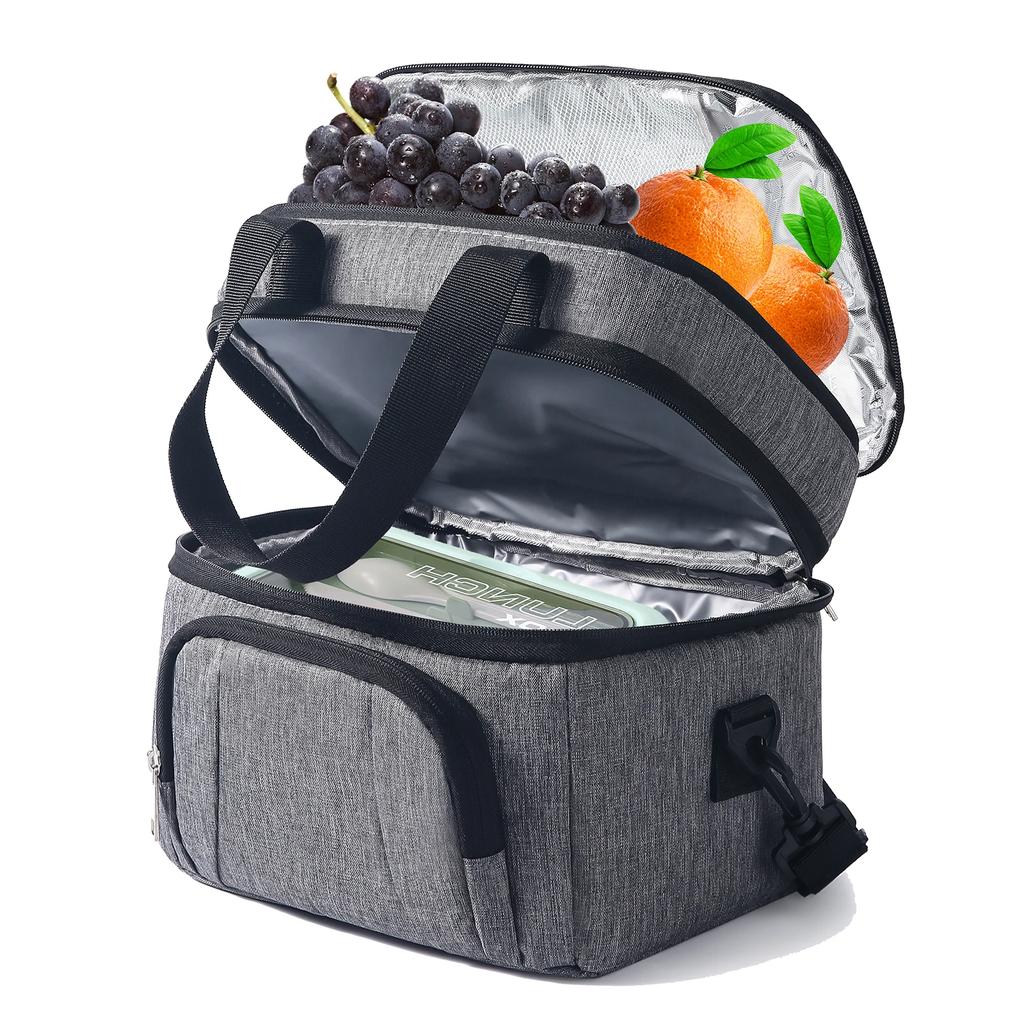 Double-Layer Insulated Lunch Bag, Portable Insulated Lunch Box, Waterproof Picnic Insulated Bag with Adjustable Shoulder Strap