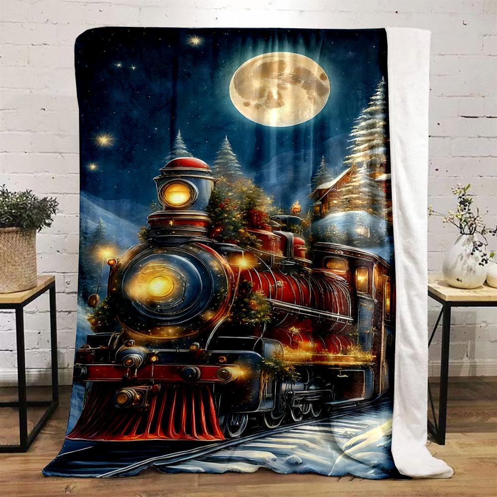Christmas Train Night Print Blanket Bedroom Blanket for Livingroom Couch Lunch Break Soft Throw for Friend's Festival Gift