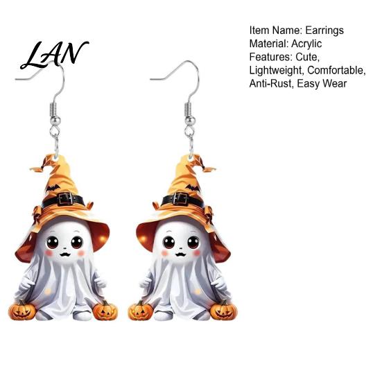Pumpkin And Bat Earrings 1 Pair Halloween Cute Ghost Earrings, Acrylic Dangle with Witch Anti-rust Metal Hat Bat, Anti-Rust Hooks, Playful Accessories