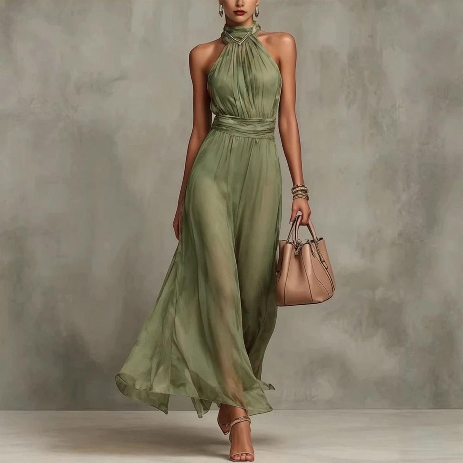 Damen Neckholder Chiffon Maxikleid Ärmellos Plissierter Bund Langes Fließendes Kleid Sommerurlaub Lässige Passform M