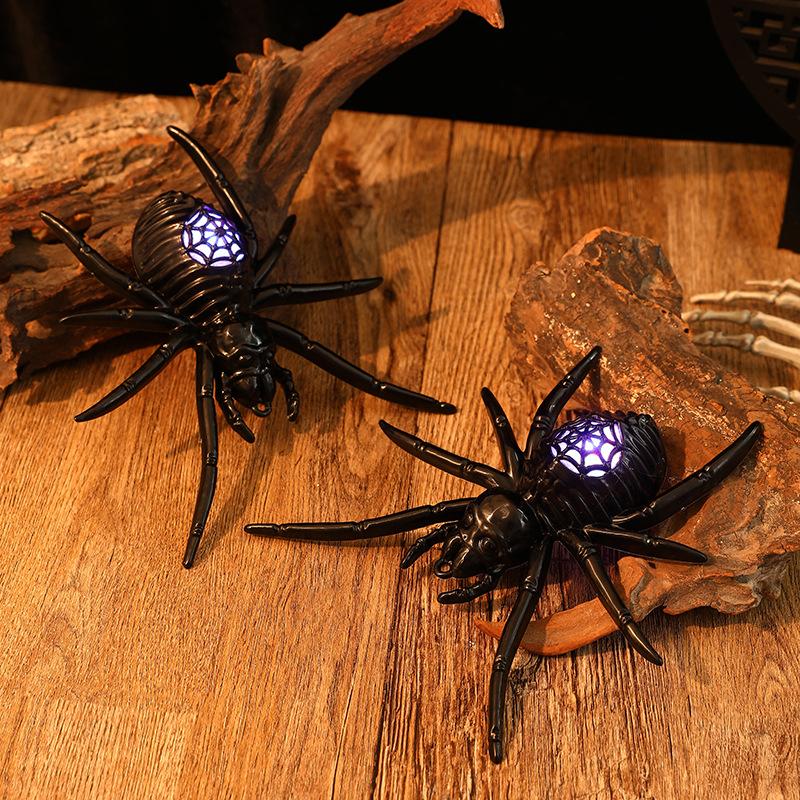 Halloween Spider Decoration Prank Toy Realistic Plastic Spider Hanging Ornament LED Light Up Black Spider Prop