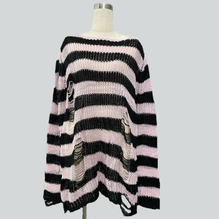 Unisex Women Cool Thin Loose Gothic Striped Long Jumper Dark Punk Streetwear Hollow Out Top Broken Hole