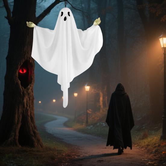 Hanging Ghost Decoration Halloween Outdoor Flying White Cloth Ghost with Bendable Skeleton Hands for Front Porch Yard Tree Decor