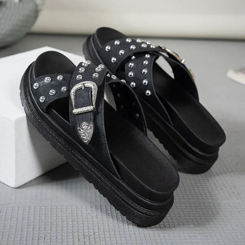 Fashion 2025 Buckle Slippers High Quality Women's Slip-On Open Toe Flat with Non-Slip Casual Summer Ladies Beach Slippers Large Size