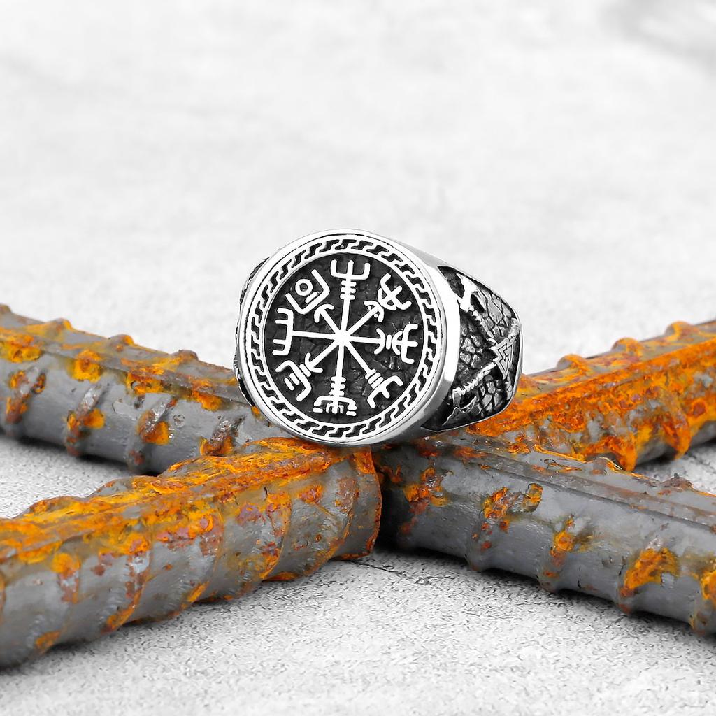 Vintage Viking Stainless Steel Compass Ring Men's Viking Valknut Axe Ring Punk Odin Rune Gold Color Ring Jewelry Gift